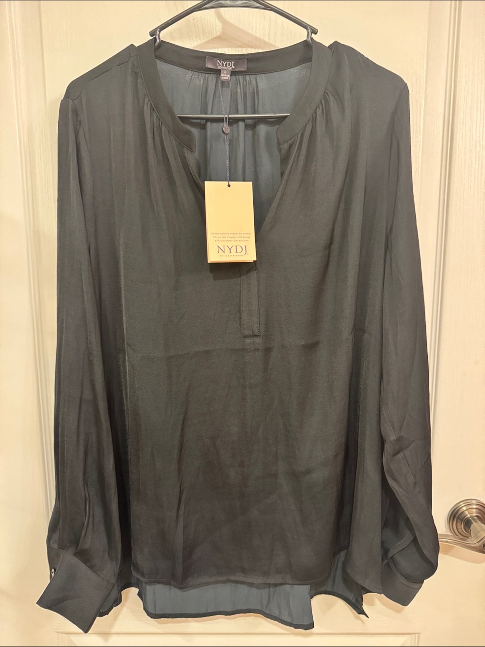 NYDJ Black Semi-Sheer Long Sleeve Split-Neck Blouse